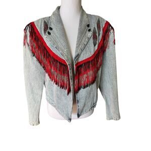 Vintage Western Fringe Denim Jacket Cropped Rodeo Arrowhead Embroidery M